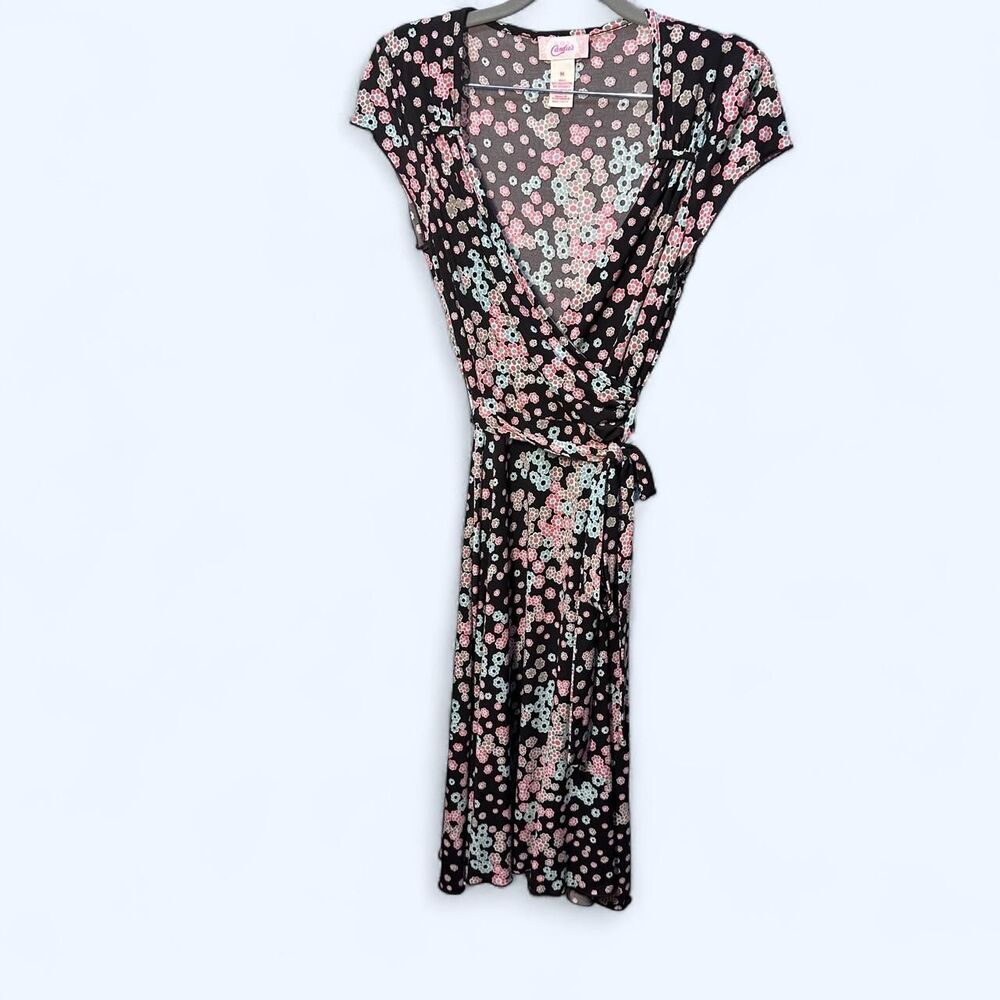 Black Slinky Knit Floral Short Sleeve Vintage y2k Candies Wrap Dress Size M